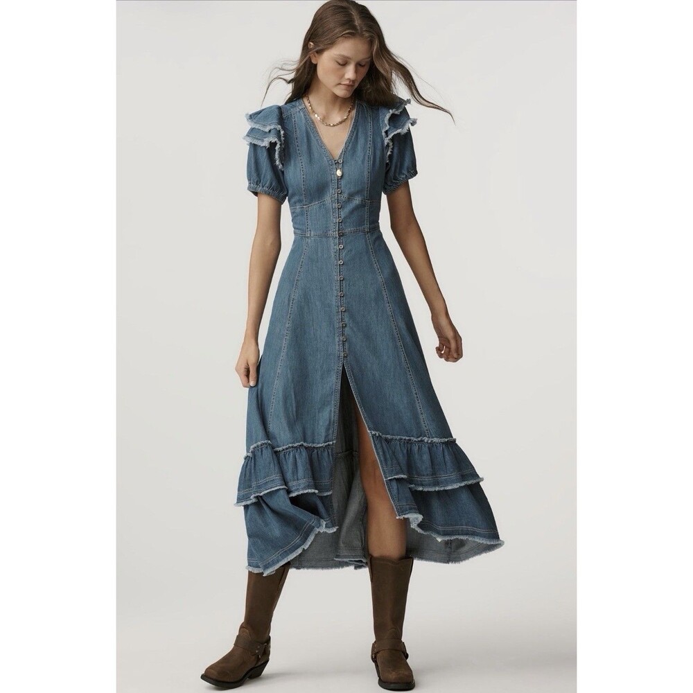 Anthropologie Pilcro Midi Shirt Dress Ruffled Cotton Retro Preppy Size XS NWT - Picture 9 of 15